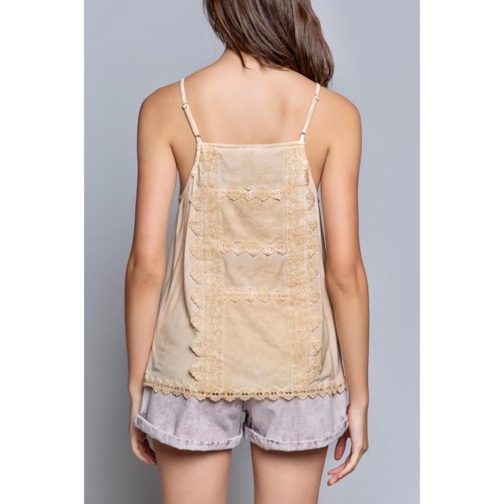 POL Golden Sand Lace Detail Spaghetti Strap Rayon Cami Top - Picture 4 of 6